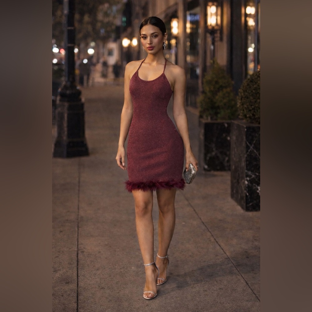 Faux Fur Bodycon Mini Dress - Size Small - Burgundy